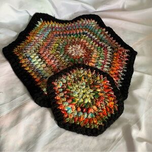 Bohemian Homemade Colorful Crochet Hexagon Scrubby Star 2 Set Blanket Doily